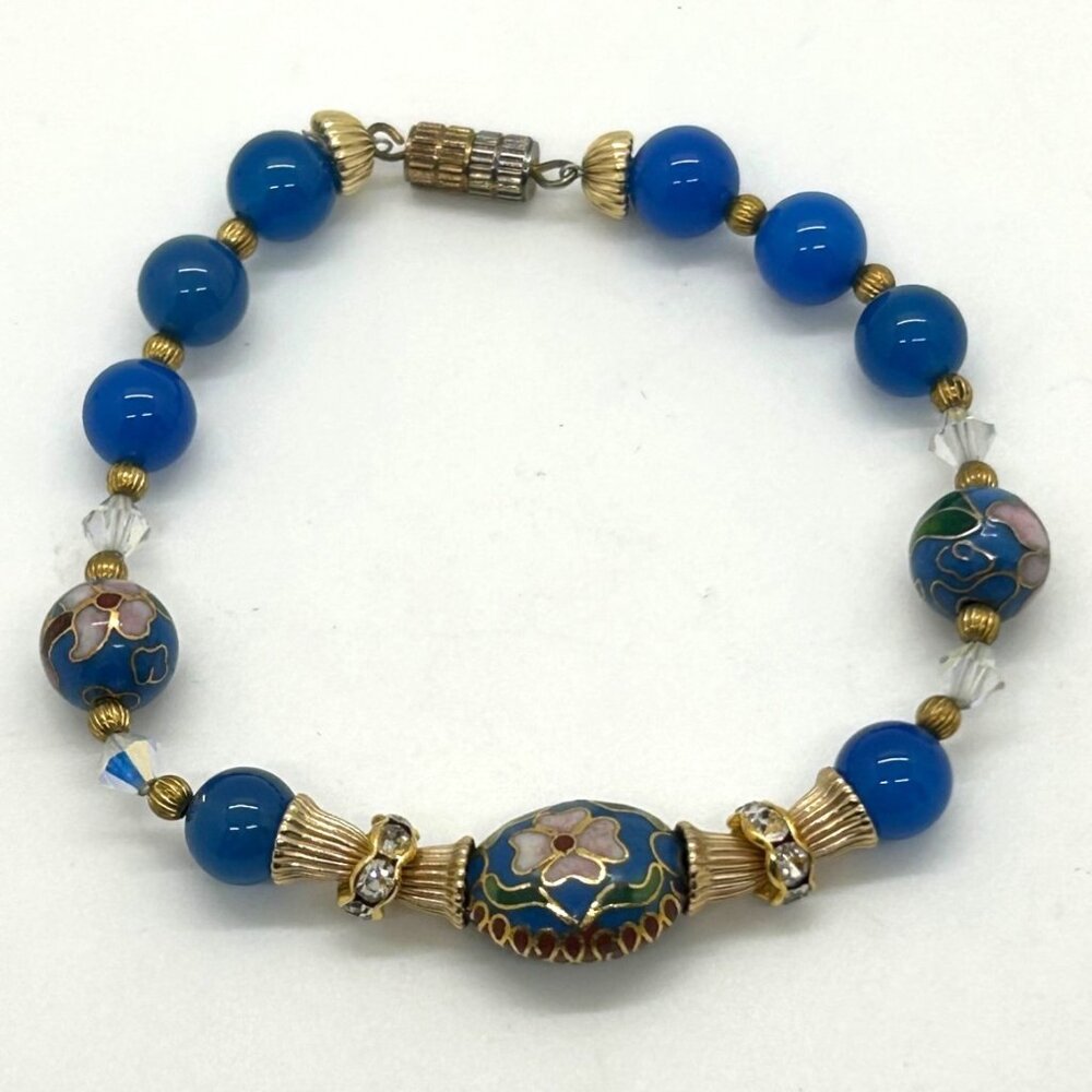 Cloisonné Floral Bracelet With Blue Glass Beads Gold-Tone Accents & Screw Clasp - Picture 4 of 14